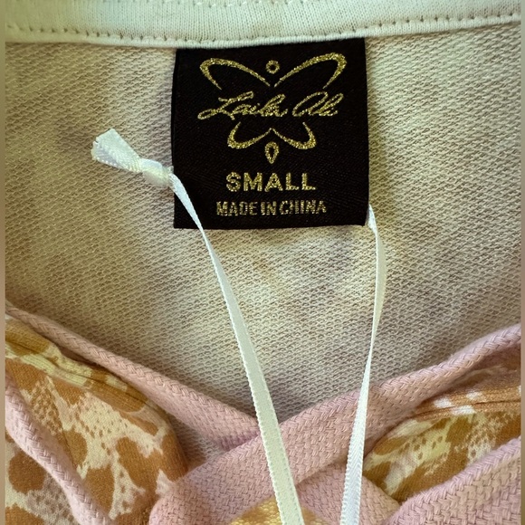 NWT Laila Ali lace up hoodie tan & pink animal print w/metallic embroidery. Sz S - Picture 2 of 11